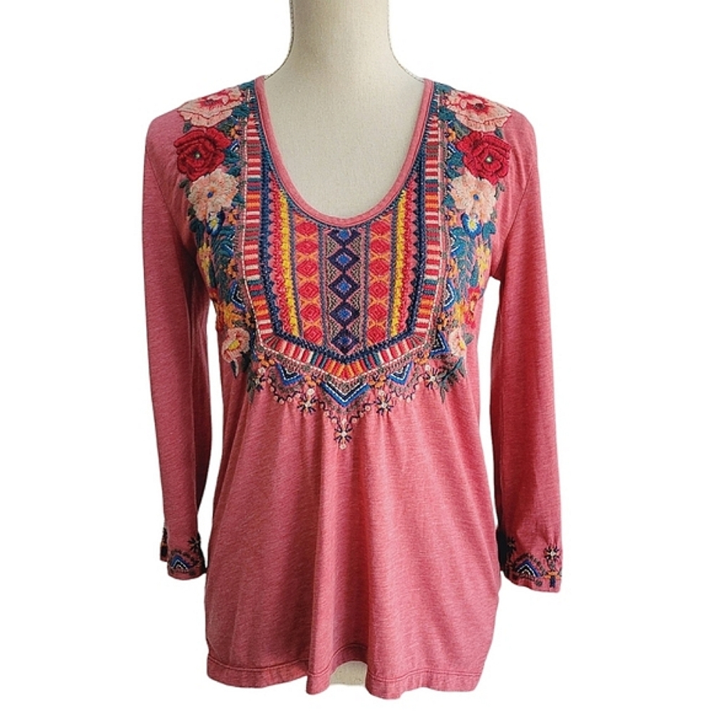Johnny Was Tia‎ Embroidered Boho Peasant Top Pink Floral Scoop Neck Blouse XS